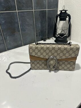 Gucci GG Canvas Crossbody with Tan Trim and Silver Chain